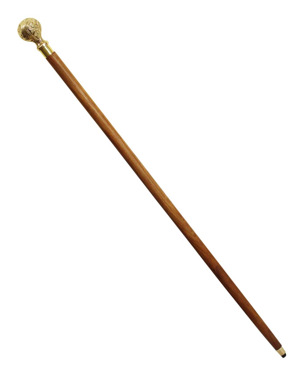 Bulk Buy Brown Walking Stick/Cane - Wholesale Handmade Indian Wood Wooden Derby Walking Cane with Spherical-Shaped Metal Handle - Floral Pattern Finished in Golden Color - Fashion Accessories from India