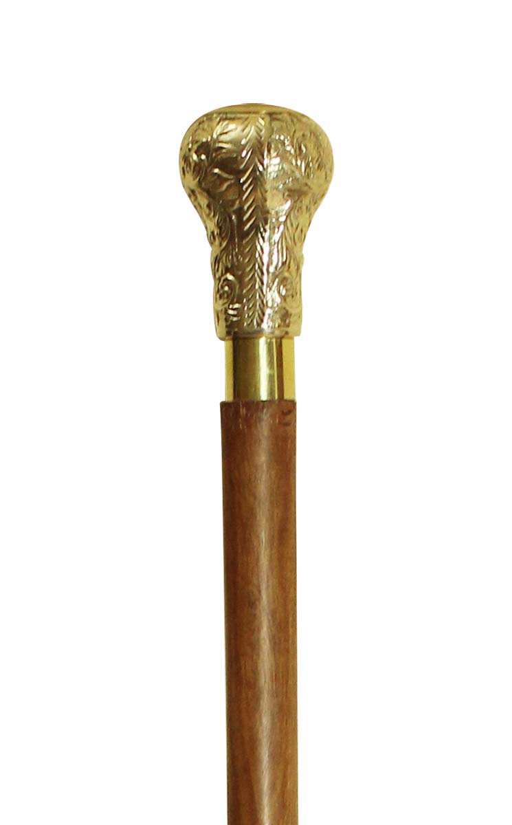 Bulk Buy Walking Stick/Cane - Wholesale Handmade Wooden Walking Cane - Brass Round Knob Shaped Handle with Leafy Motifs & Decorated with a Round Dial Watch on the Top - Fashion Accessories from India