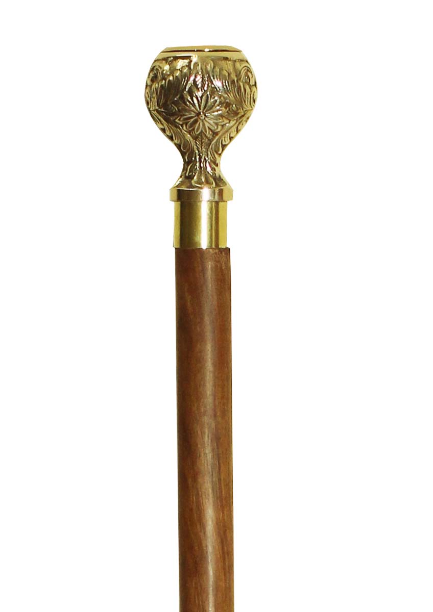 Bulk Buy 35.3” Walking Stick/Cane - Wholesale Handmade Wood Fashion Walking Stick with Floral Motifs & Decorative Round Dial Watch Metal Handle in Golden Color Finish from India