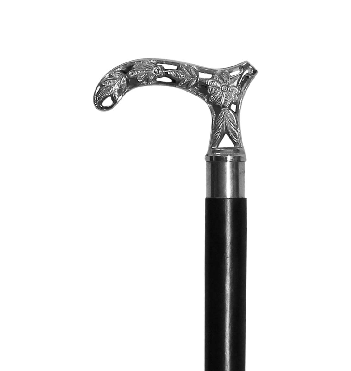 Wholesale 35.2” Walking Stick/Cane in Bulk - Source Handmade Wood Fashion Black Color Walking Stick with a Detachable Silver & Black Color Crutch Handle in Metal Designed with Floral & Leafy Patterns from India
