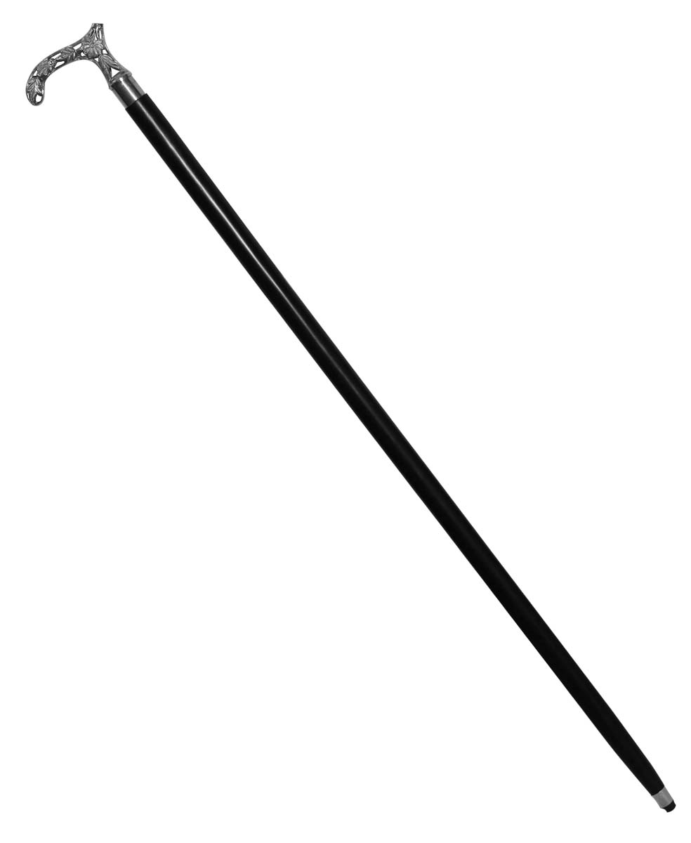 Wholesale 35.2” Walking Stick/Cane in Bulk - Source Handmade Wood Fashion Black Color Walking Stick with a Detachable Silver & Black Color Crutch Handle in Metal Designed with Floral & Leafy Patterns from India