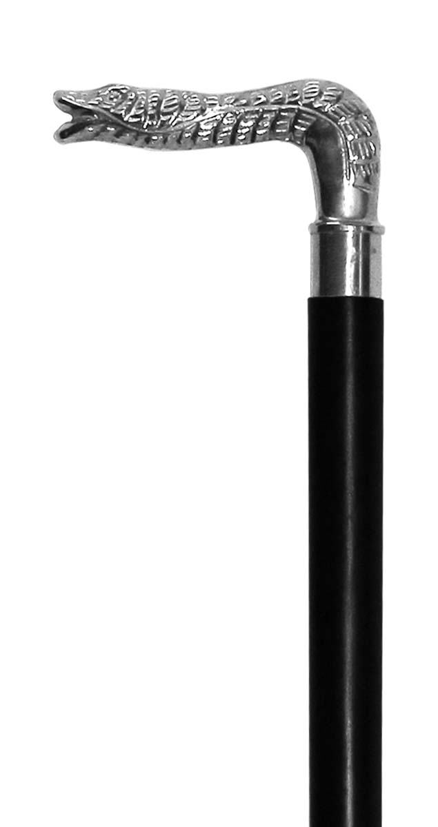 Bulk Buy 35” Walking Stick/Cane - Wholesale Handmade Wood Fashion Black Color Walking Stick Decorated with a Detachable Metal Handle in Crocodile Design & Finished in Silver Color from India