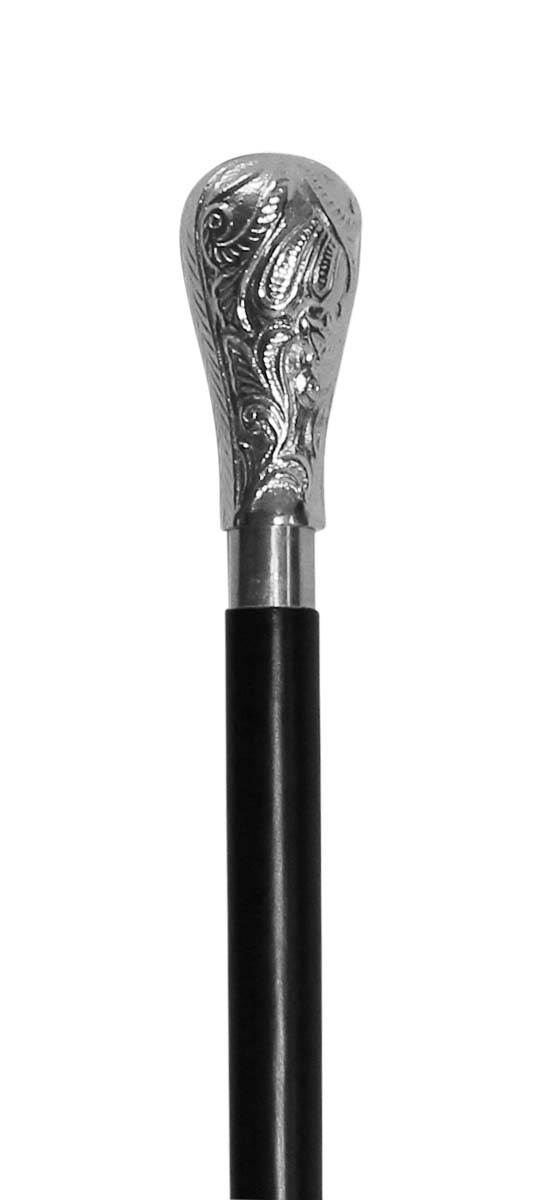 Wholesale 37” Walking Stick/Cane in Bulk - Source Handmade Wood Fashion Black Color Walking Stick Adorned with a Detachable Knob-Shaped Handle in Metal with Leafy Motifs & Finished in Silver Color from India