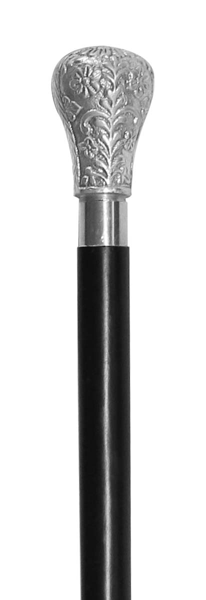 Bulk Buy Walking Stick/Cane - Wholesale Handmade Wood Fashion Black Color 35.5” Walking Stick Adorned with a Detachable Knob-Shaped Handle in Metal with Floral Motifs & Finished in Silver Color from India
