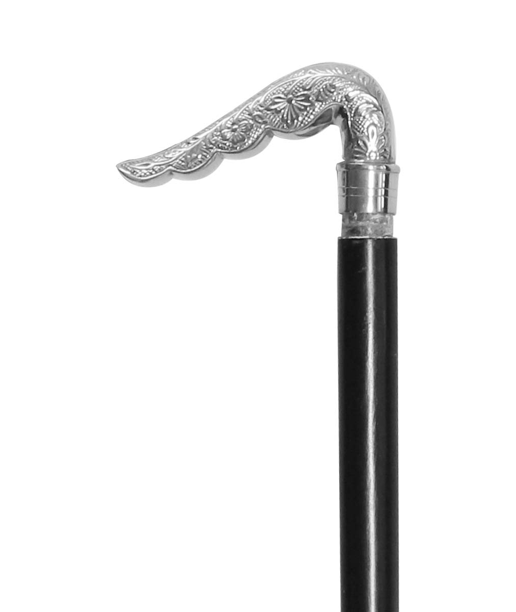 Wholesale 35.4” Walking Stick/Cane in Bulk - Source Handmade Wooden Fashion Black Color Walking Stick Adorned with a Detachable Silver Color Metal Handle in Unique Shape with Grip Design & Decorated with Floral Motifs from India