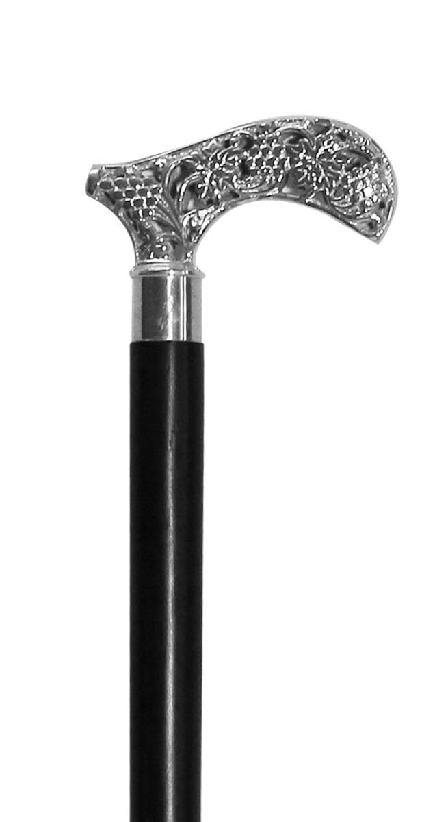 Wooden 35” Walking Stick/Cane in Bulk - Wholesale Fashion Black Color Walking Stick Adorned with a Detachable Metal Handle with Floral Carving & Finished in Silver Color from India