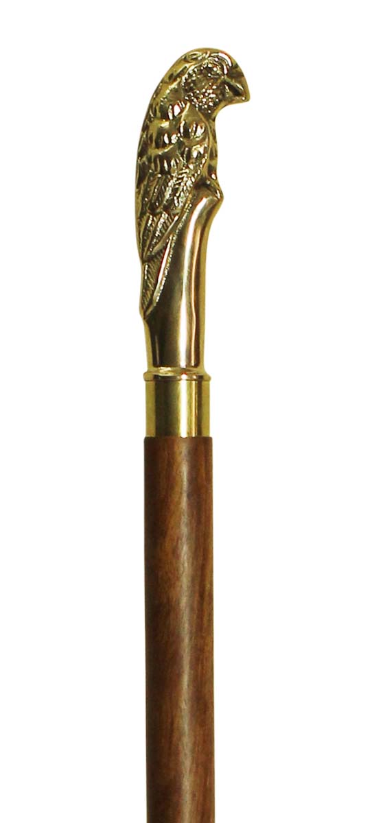 Source 37.5” Three-Piece Detachable Walking Stick/Cane in Bulk - Wholesale Handmade Wooden Fashion Brown Color Walking Stick Adorned with a Detachable Metal Handle in Parrot Design with Golden Color Finish from India