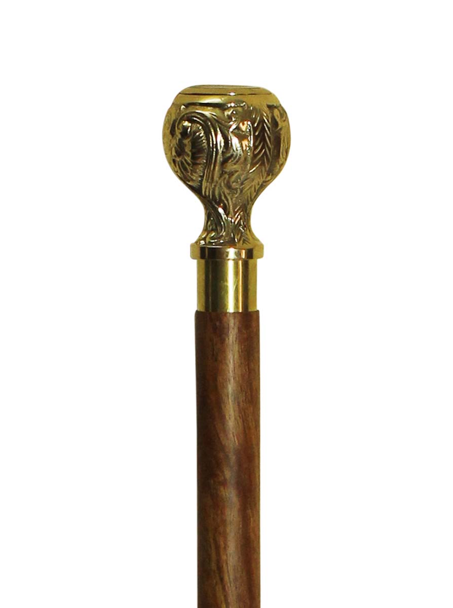 Wholesale 35.5” Three-Piece Detachable Walking Stick/Cane in Bulk - Source Handmade Wooden Fashion Brown Color Walking Stick Adorned with a Detachable Golden Color Round-Shaped Metal Handle with Heart-Shaped Motifs & Decorated with a Round Dial Watch on the Top from India