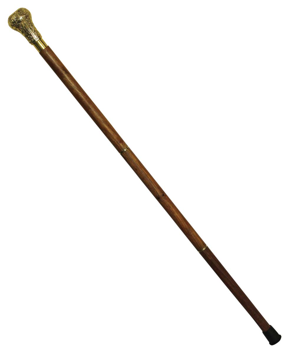 Wholesale 36” Three-Piece Detachable Walking Stick/Cane in Bulk - Source Handmade Wooden Fashion Brown Color Walking Stick Adorned with a Detachable Golden Color Round-Shaped Metal Handle with Leafy Patterns & Decorated with a Round Dial Watch on the Top from India