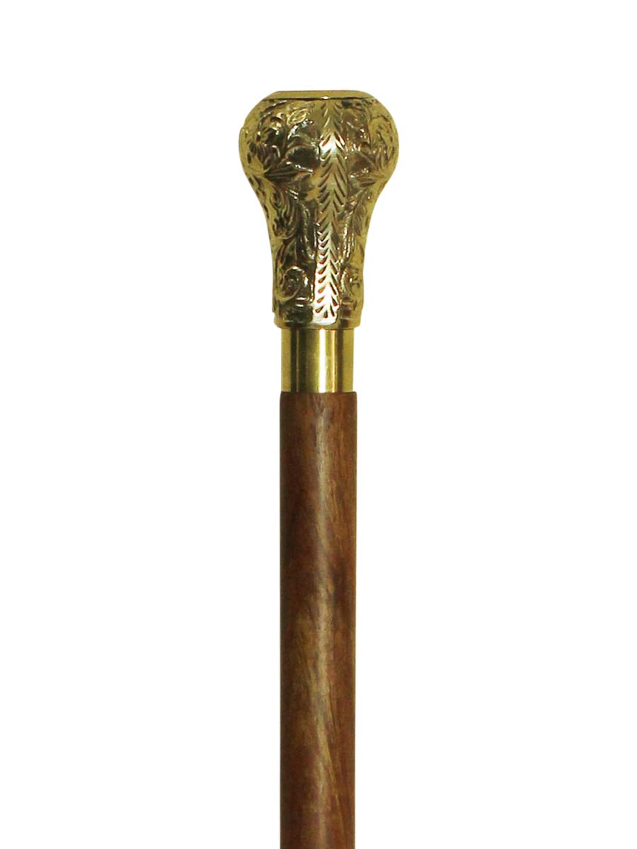 Wholesale 36” Three-Piece Detachable Walking Stick/Cane in Bulk - Source Handmade Wooden Fashion Brown Color Walking Stick Adorned with a Detachable Golden Color Round-Shaped Metal Handle with Leafy Patterns & Decorated with a Round Dial Watch on the Top from India