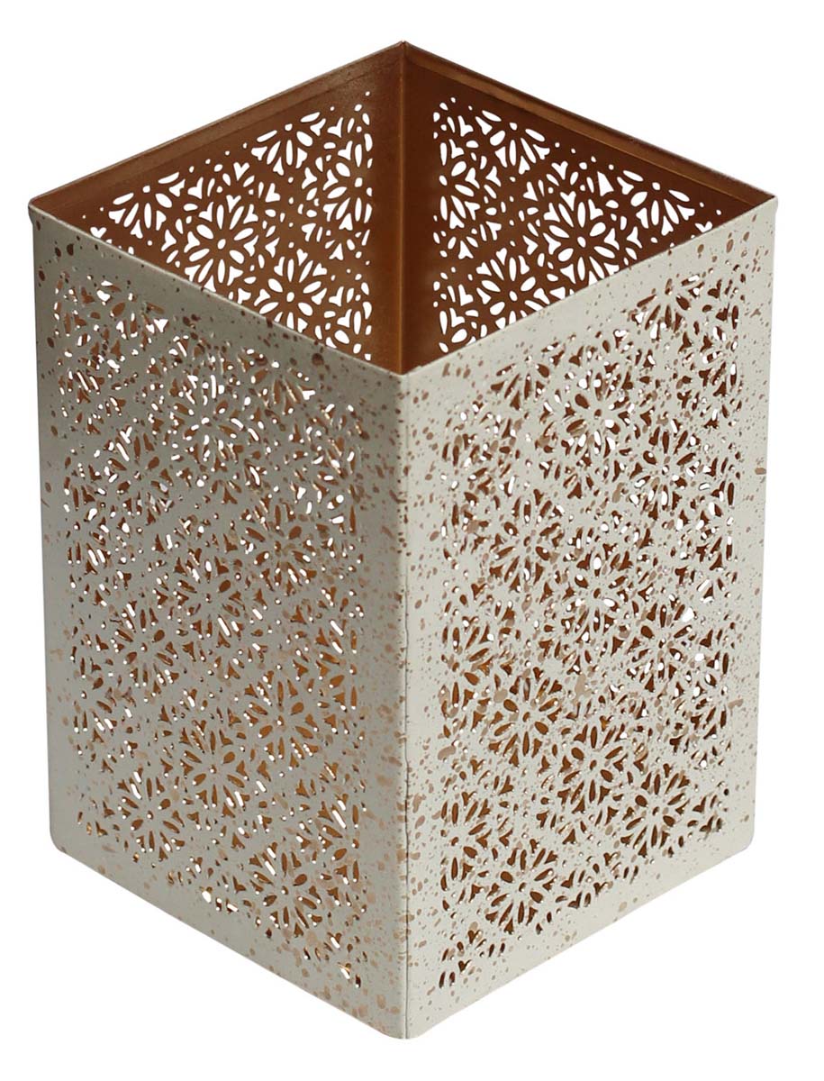 Bulk Wholesale 6” Handmade Metal Tealight Candle Holder / Stand in White & Golden Color with Speckled Effect – Designed in Floral Cut-Out Patterns – Decorative Votive Candle Stands