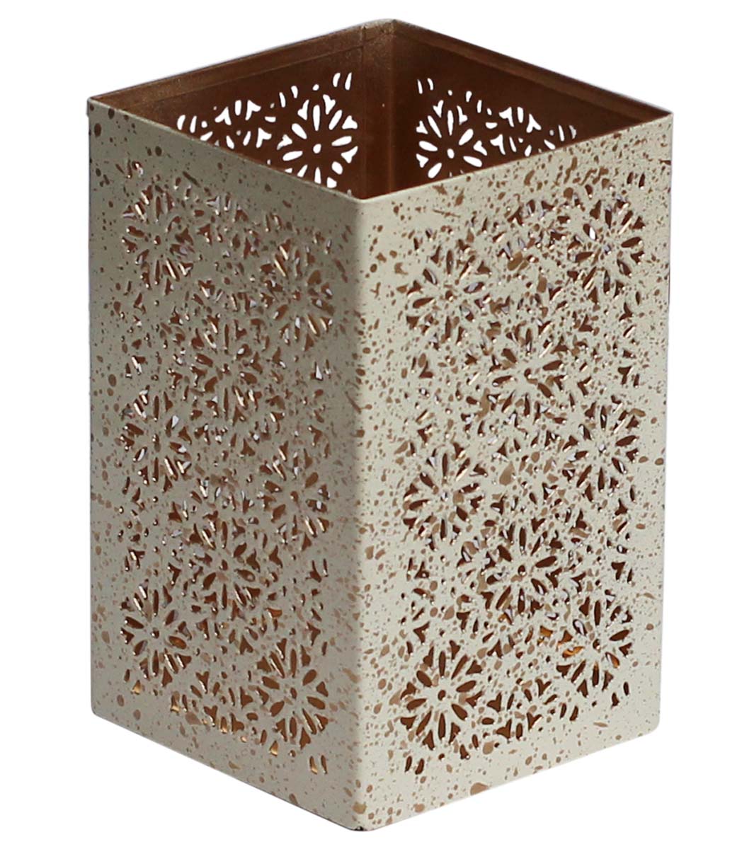 Bulk Wholesale 5” Handmade Metal Tealight Candle Holder / Stand in White & Golden Color with Speckled Effect – Designed in Floral Cut-Out Patterns – Decorative Votive Candle Stands