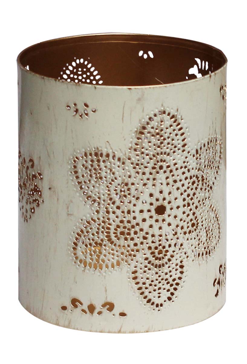 Bulk Wholesale 4.5” Handmade Cylindrical-Shaped Metal Tealight Candle Holder / Stand in White & Golden Color with Distressed Effect – Designed in Floral Cut-Out Pattern – Decorative Shabby Chic Votive Candle Stands