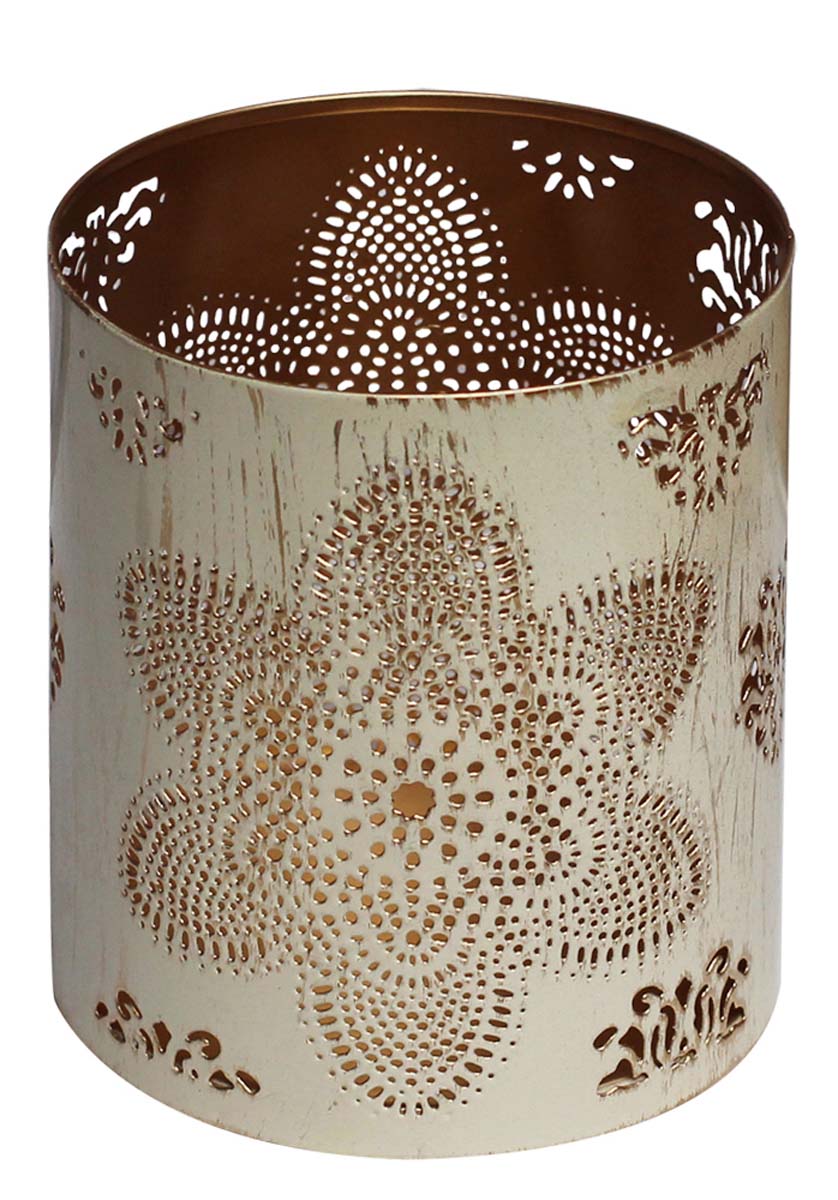 Wholesale 5.5” Handmade Cylindrical Metal Tealight Candle Holder/Stand in White & Golden Color with a Distressed Shabby Chic Finish & Designed in Floral Cut-Out Pattern – Bulk Decorative Votive Candle Stands