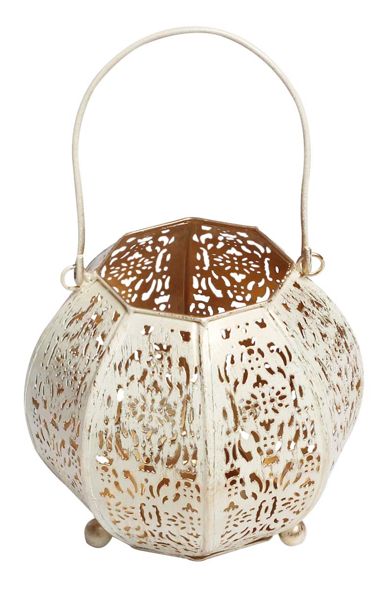 Bulk Wholesale Pumpkin Shaped Tealight Candle Holder/Stand in White & Golden Color with Distressed Effect – Designed in Intricate Cut-Out Patterns