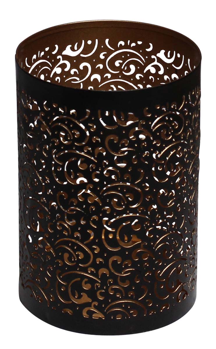 Bulk Wholesale 6” Handmade Cylindrical Tea-Light Candle Holder / Votive Candle Stand in Black Metal – Designed in Cut-Outs of Sinuous Floral Patterns – Unique Candle Décor