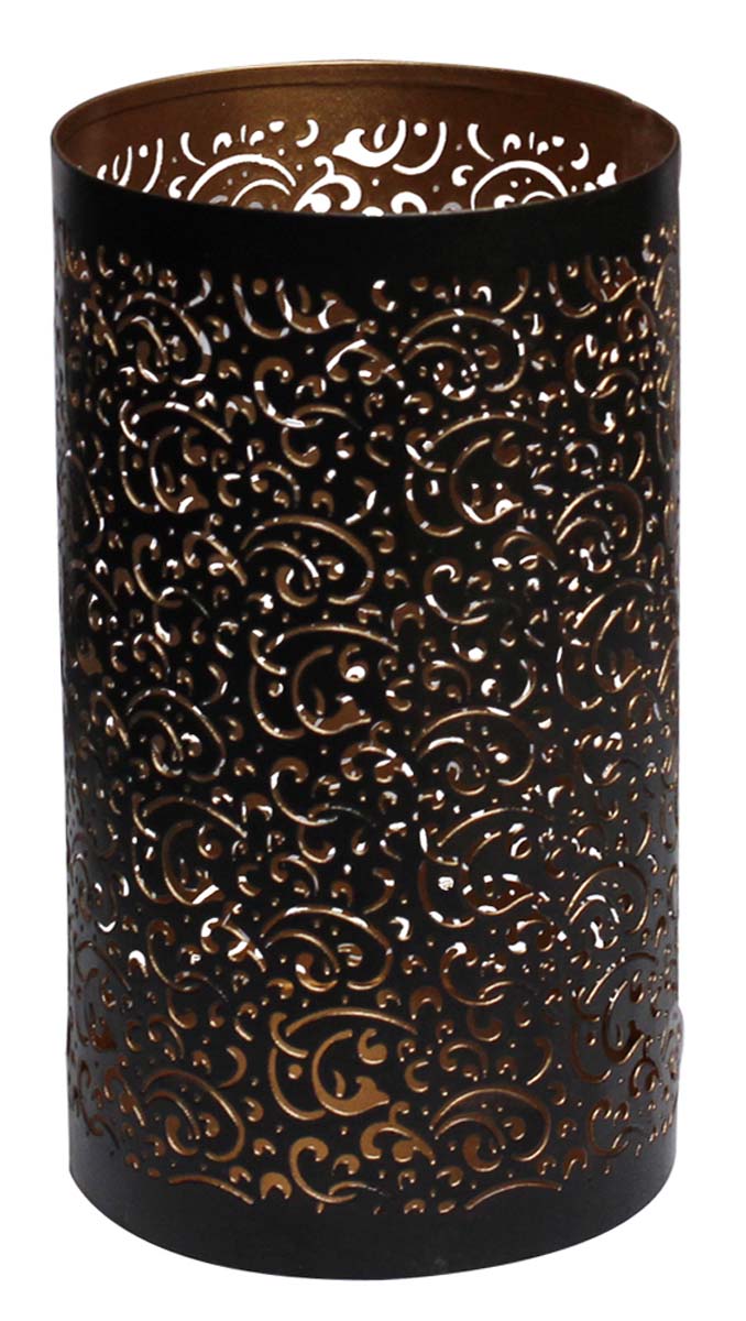 Bulk Wholesale 8” Handmade Cylindrical Shaped Tealight Candle Holder / Votive Candle Stand in Metal – Designed in Cut-Outs of Sinuous Floral Patterns  – Unique Candle Décor 