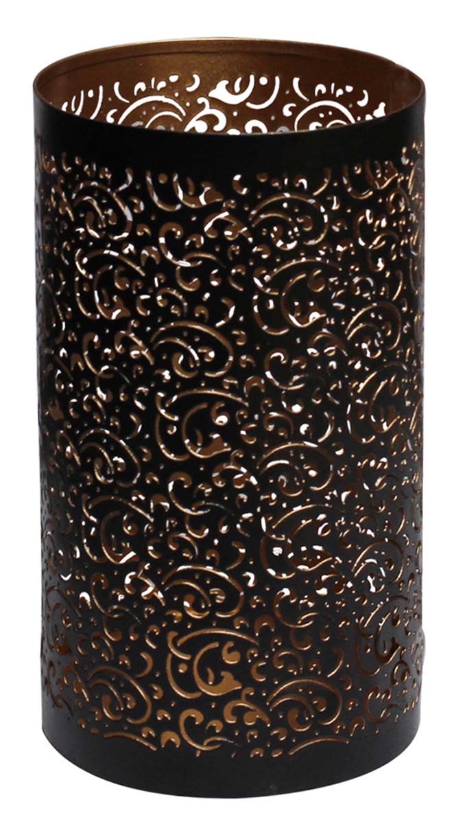 Bulk Wholesale 9.6” Handmade Cylindrical Shaped Tealight Candle Holder / Votive Candle Stand in Metal – Designed in Cut-Outs of Sinuous Floral Patterns  – Unique Candle Décor 