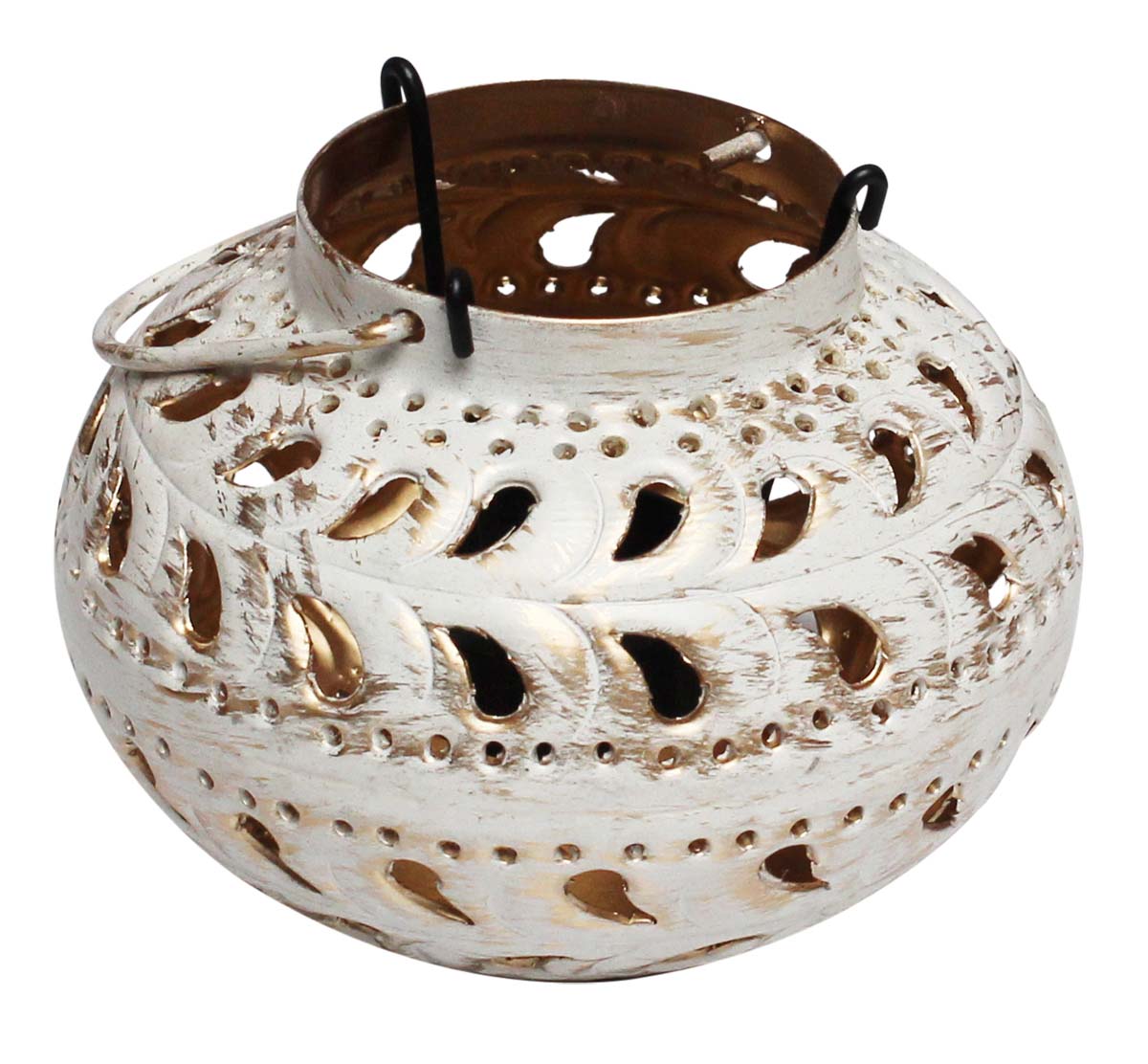 Bulk Wholesale Handmade Pot-Shaped Hanging Tealight Candle Holder in Metal – Finished in White & Golden Color with Distressed Effect – Stylish Votive Candle Stands