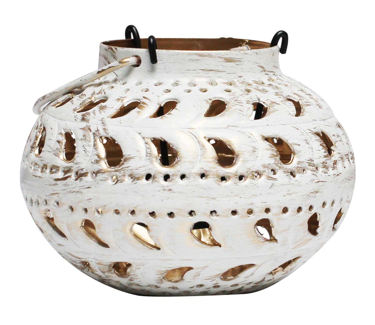 Bulk Wholesale Handmade Pot-Shaped Hanging Tealight Candle Holder in Metal – Finished in White & Golden Color with Distressed Effect – Stylish Votive Candle Stands