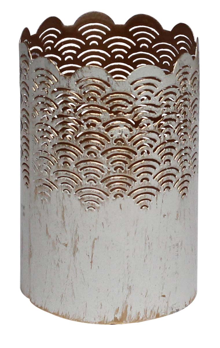 Bulk Wholesale 4” Cylindrical-Shaped Tealight Candle Holder / Votive Candle Stand in White & Golden Color with Distressed Effect – Handmade in Metal with Cut-Outs – Stylish Candle Décor