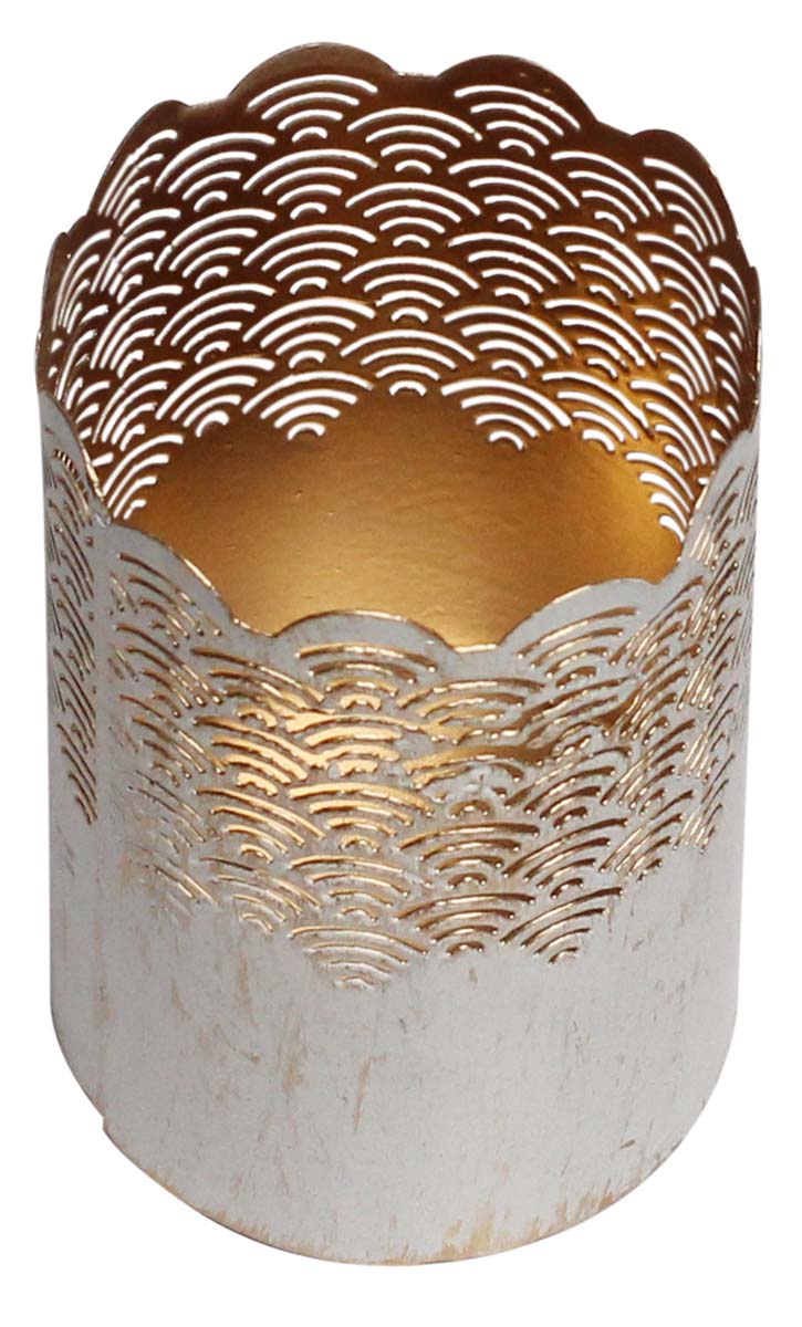 Bulk Wholesale 4” Cylindrical-Shaped Tealight Candle Holder / Votive Candle Stand in White & Golden Color with Distressed Effect – Handmade in Metal with Cut-Outs – Stylish Candle Décor