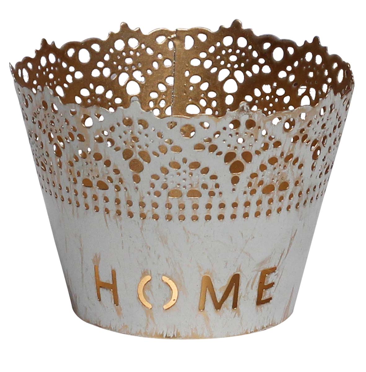 Bulk Wholesale 2.5” Conical Shaped Tealight Candle Holder / Votive Candle Stand in White & Golden Color with Distressed Effect – Handmade in Metal with Cut-Outs of the Word Home & Unique Patterns – Stylish Candle Décor