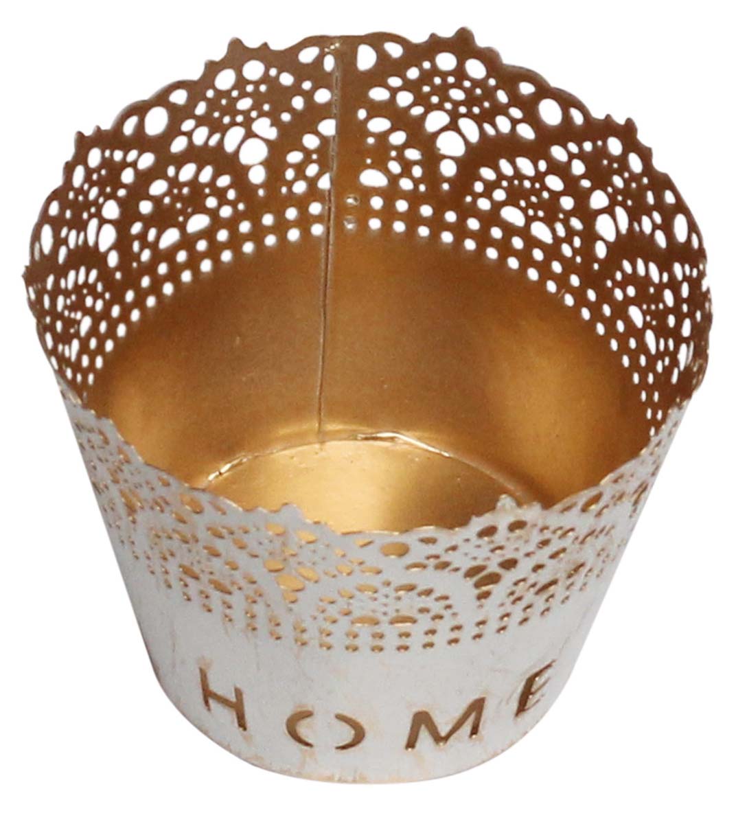 Bulk Wholesale 2.5” Conical Shaped Tealight Candle Holder / Votive Candle Stand in White & Golden Color with Distressed Effect – Handmade in Metal with Cut-Outs of the Word Home & Unique Patterns – Stylish Candle Décor