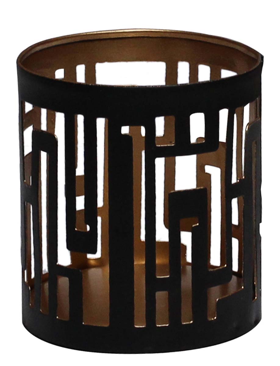 Bulk Wholesale 3” Handmade Cylindrical-Shaped Candle Holder / Votive Candle Stand in Black & Golden Color – Designed in Cut-Outs of Geometric Patterns – Stylish Candle Décor