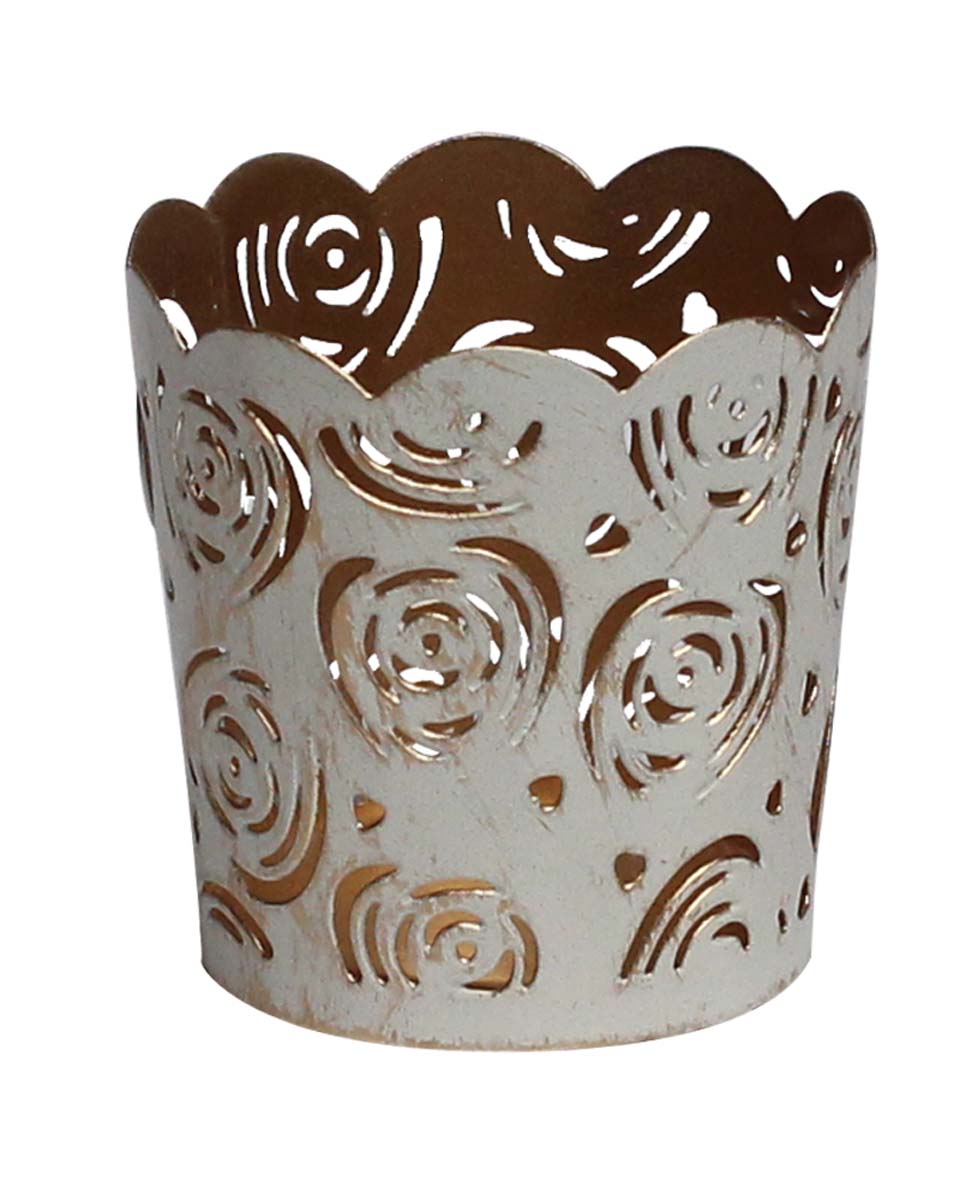 Bulk Wholesale 2.5” Handmade Conical-Shaped Color Tealight Candle Holder / Votive Candle Stand in White & Golden Color with Distressed Effect – Designed in Rose Design Cut-Out Patterns & Wavy Scalloped Edge - Stylish Candle Décor from India 