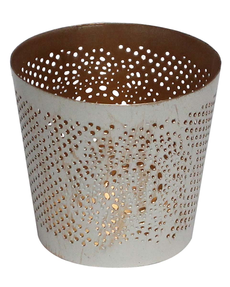 Bulk Wholesale 2.7” Handmade Conical-Shaped Tealight Candle Holder / Votive Candle Stand in White & Golden Color with Distressed Effect – Designed in Intricate Circular Cut-Outs – Decorative Candle Holders in Metal