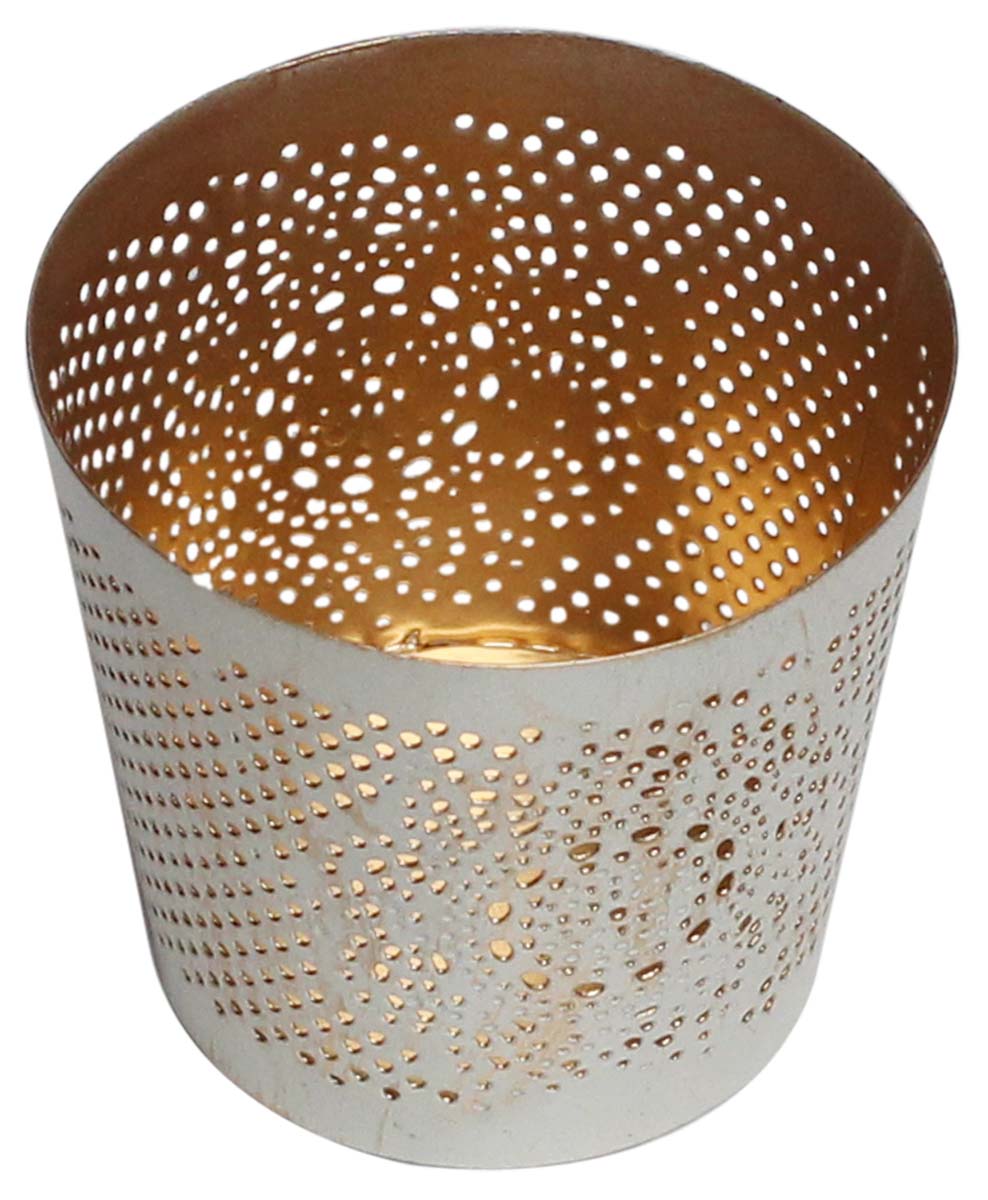 Bulk Wholesale 2.7” Handmade Conical-Shaped Tealight Candle Holder / Votive Candle Stand in White & Golden Color with Distressed Effect – Designed in Intricate Circular Cut-Outs – Decorative Candle Holders in Metal