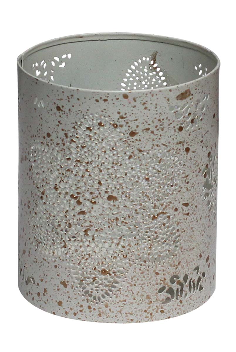 Bulk Wholesale 4.2” Handmade Cylindrical White & Golden Tea-Light Candle Holder – Designed in Floral Cut-Out Pattern – Decorative Candle Holders in Metal