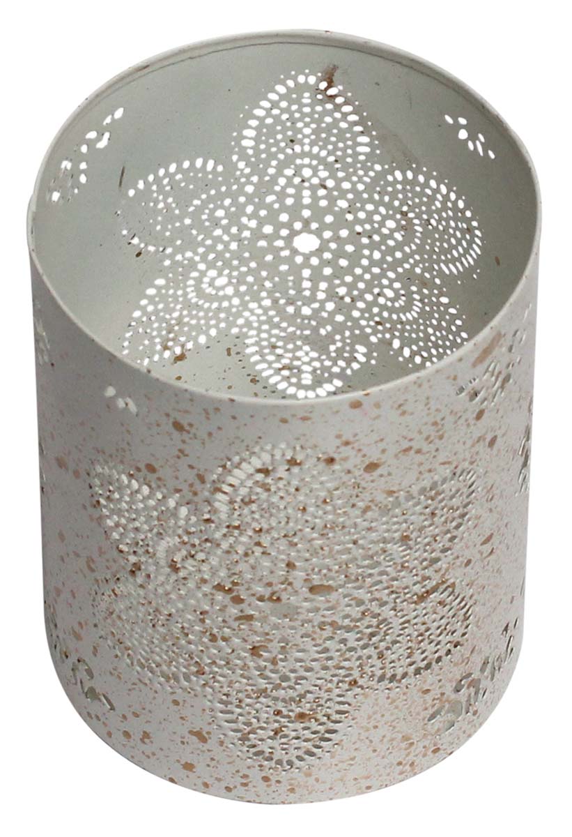 Bulk Wholesale 4.2” Handmade Cylindrical White & Golden Tea-Light Candle Holder – Designed in Floral Cut-Out Pattern – Decorative Candle Holders in Metal
