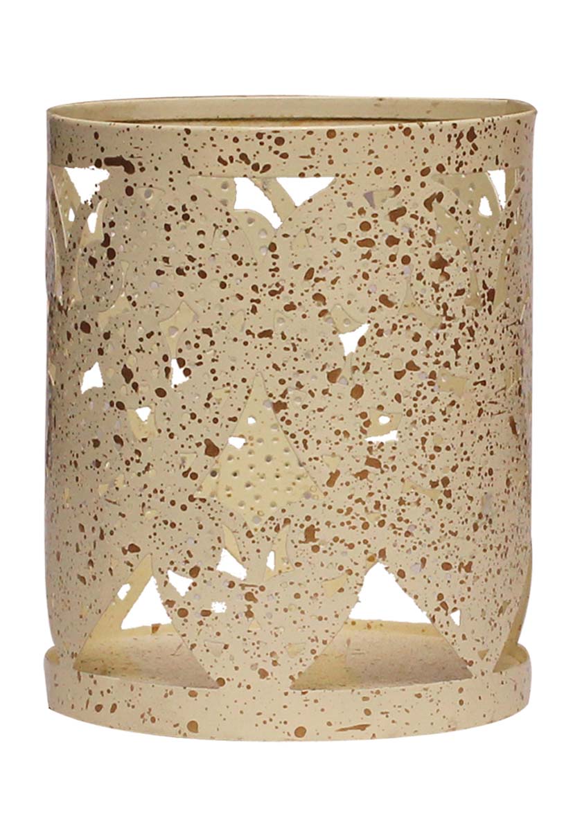 Bulk Wholesale 4” Handmade Cylindrical Shaped Tealight Candle Holder in Cream Color with Splashed Effect of Golden Color – Designed in Heart Shaped Cut-Out Pattern – Decorative Candle Holders in Metal