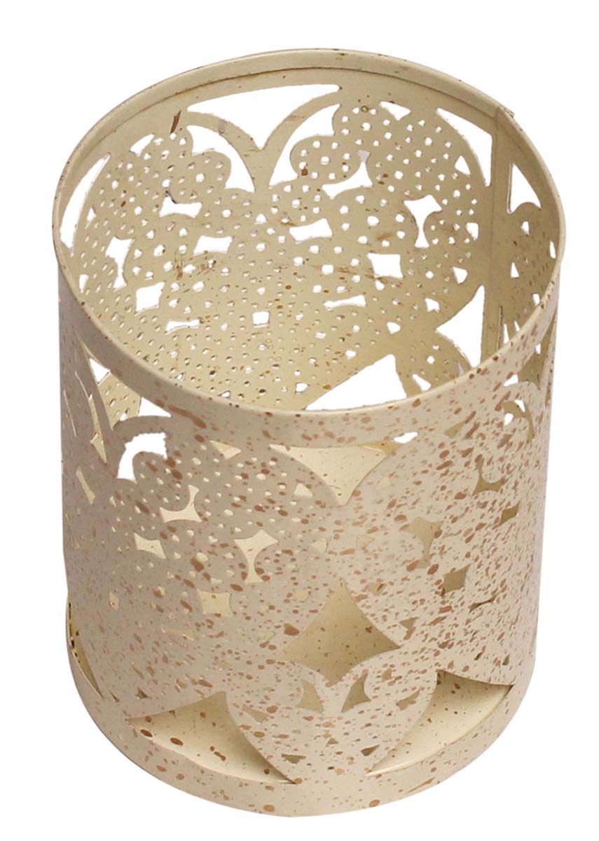 Bulk Wholesale 4” Handmade Cylindrical Shaped Tealight Candle Holder in Cream Color with Splashed Effect of Golden Color – Designed in Heart Shaped Cut-Out Pattern – Decorative Candle Holders in Metal