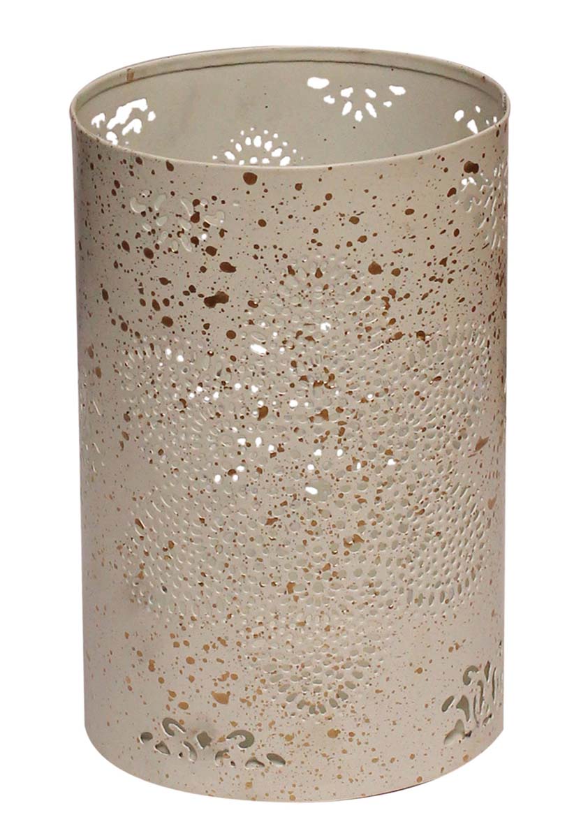 Bulk Wholesale 6.2” Handmade Cylindrical-Shaped Tealight Candle Holder / Votive Candle Stand in White Color with Splashed Effect in Golden Color – Designed in Floral Cut-Out Patterns – Decorative Candle Holders in Metal