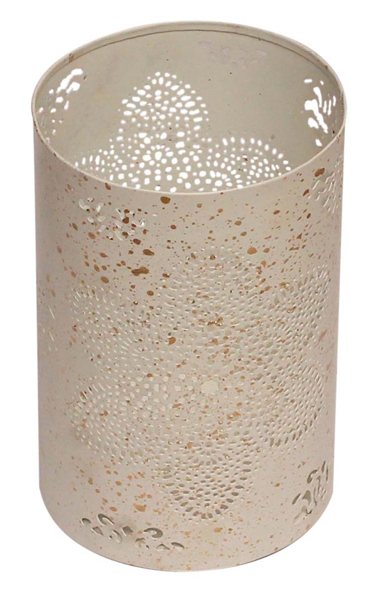 Bulk Wholesale 6.2” Handmade Cylindrical-Shaped Tealight Candle Holder / Votive Candle Stand in White Color with Splashed Effect in Golden Color – Designed in Floral Cut-Out Patterns – Decorative Candle Holders in Metal