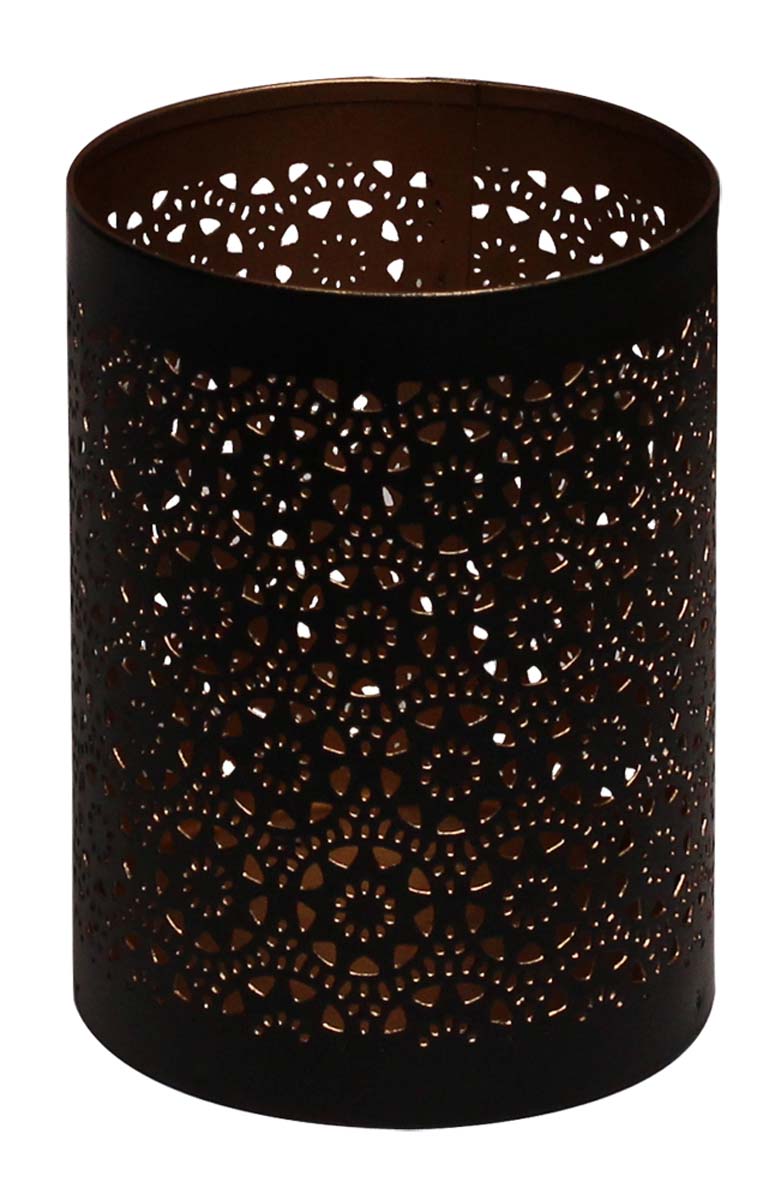 Bulk Wholesale 5” Handmade Cylindrical-Shaped Tealight Candle Holder / Stand in Black & Golden Color with Intricate Cut-Outs – Decorative Votive Candle Stands in Metal