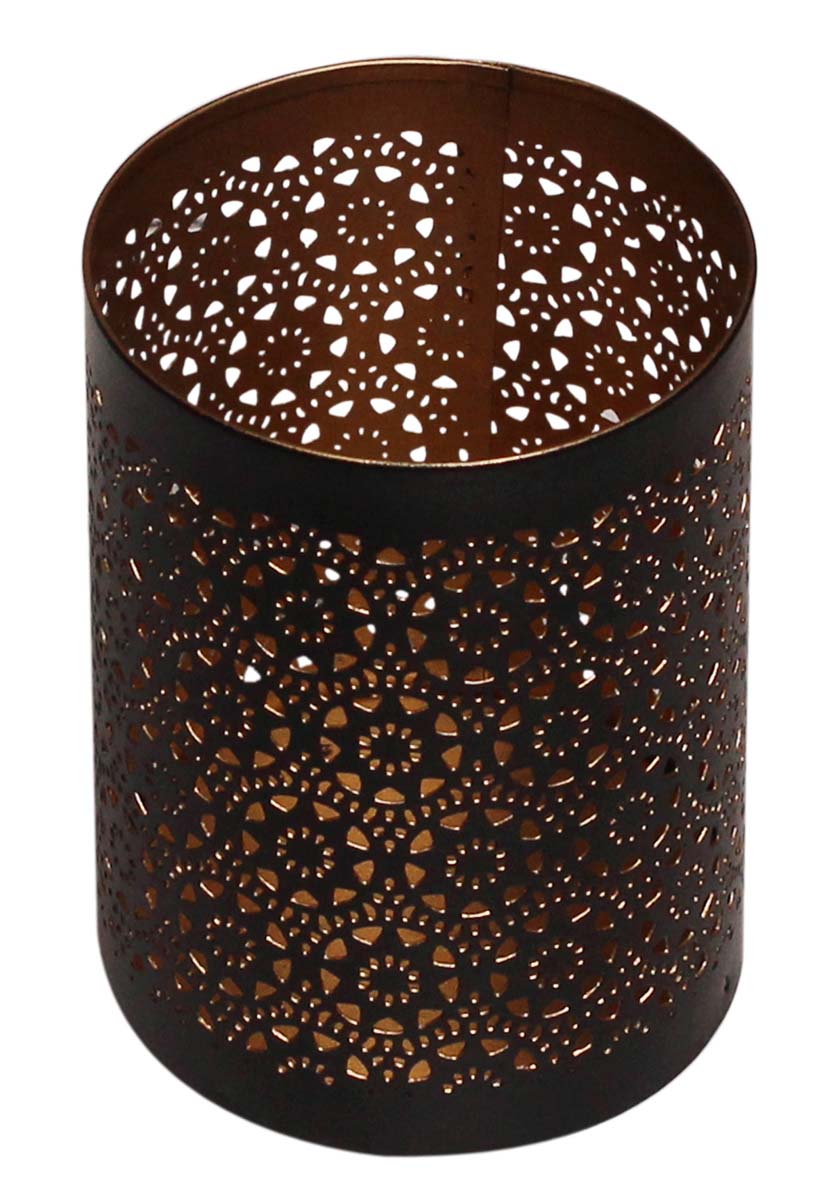 Bulk Wholesale 5” Handmade Cylindrical-Shaped Tealight Candle Holder / Stand in Black & Golden Color with Intricate Cut-Outs – Decorative Votive Candle Stands in Metal