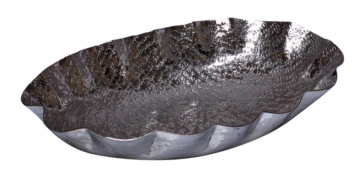 Bulk Wholesale Decorative Fruit Tray/Plate/Shallow Bowl Handmade in Metal Oval-Shaped with Silver Color Finish - Designed in Abstract Pattern & Wavy Sides - Stylish Dining Table Accessories - Home Decor