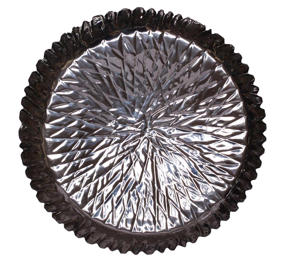 Bulk Wholesale Decorative Serving Tray in Metal 12” Handmade Silver Color Round-Shaped - Designed in Diamond-Shaped Patterns on the Base & Wavy Sides - Stylish Centerpieces for Dining Tables
