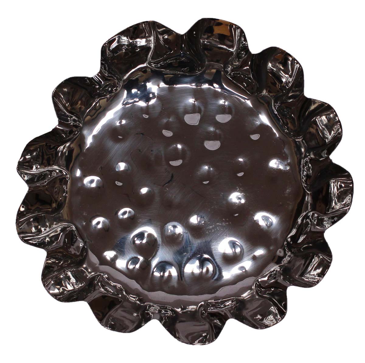 Bulk Wholesale Decorative Serving Tray in Metal 10” Handmade Silver Color Round-Shaped - Designed in Hammered Effect on the Base & Wavy Sides - Stylish Centerpieces for Dining Tables