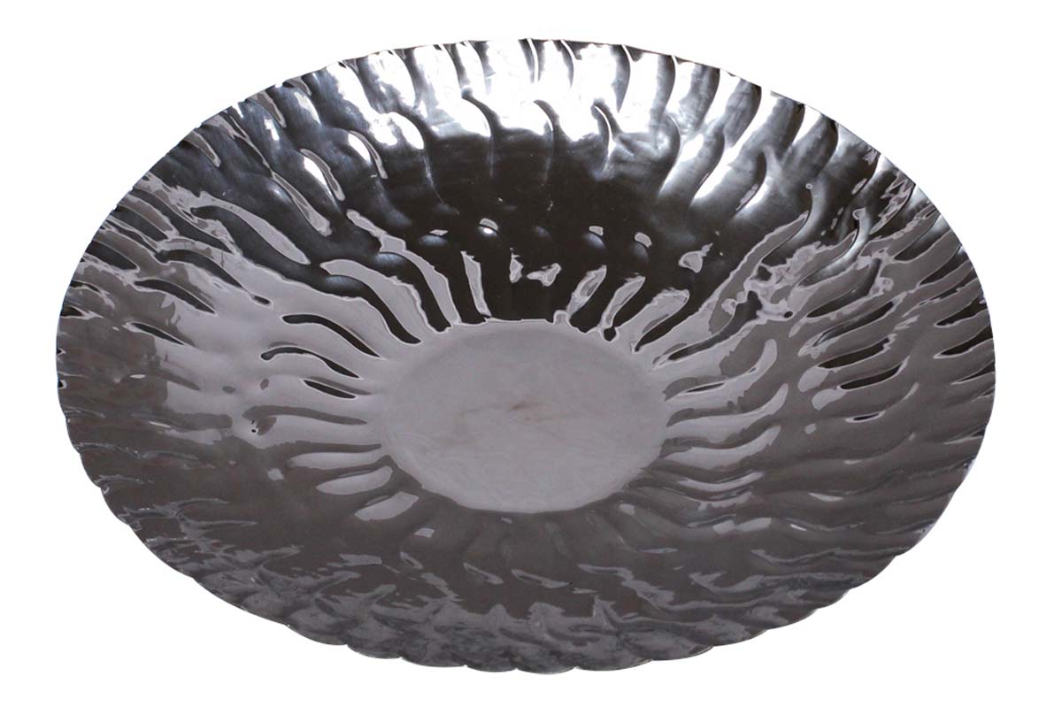 Bulk Wholesale Fruit Tray/Plate 14.2” Round-Shaped with Curvy Lines Pattern - Handmade in Metal with Silver Color Finish - Stylish Platters/Kitchen Accessories