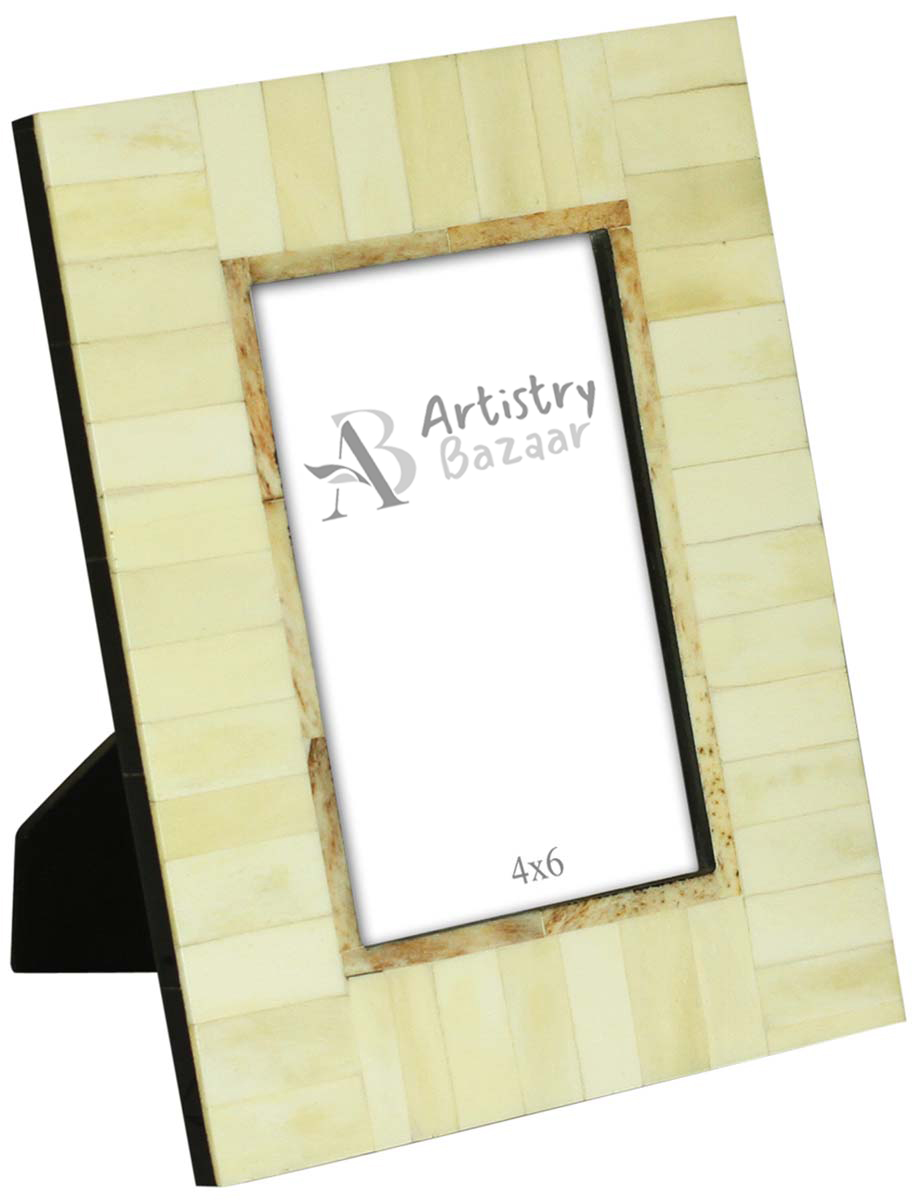 4 x 6” Handmade Picture Frame In Bulk - Pale White Photo Frame - Bone & MDF - Geometric Rectangular Tiles - Wholesale Home Decor Accessories & Gift Ideas