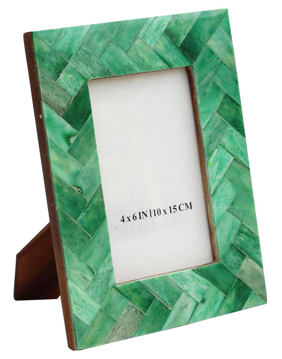 4 x 6” Handmade Picture Frame In Bulk - Tonal Green Colored Photo Frame - Bone & MDF - Geometric Herringbone Pattern - Wholesale Home Decor Accessories & Gift Ideas