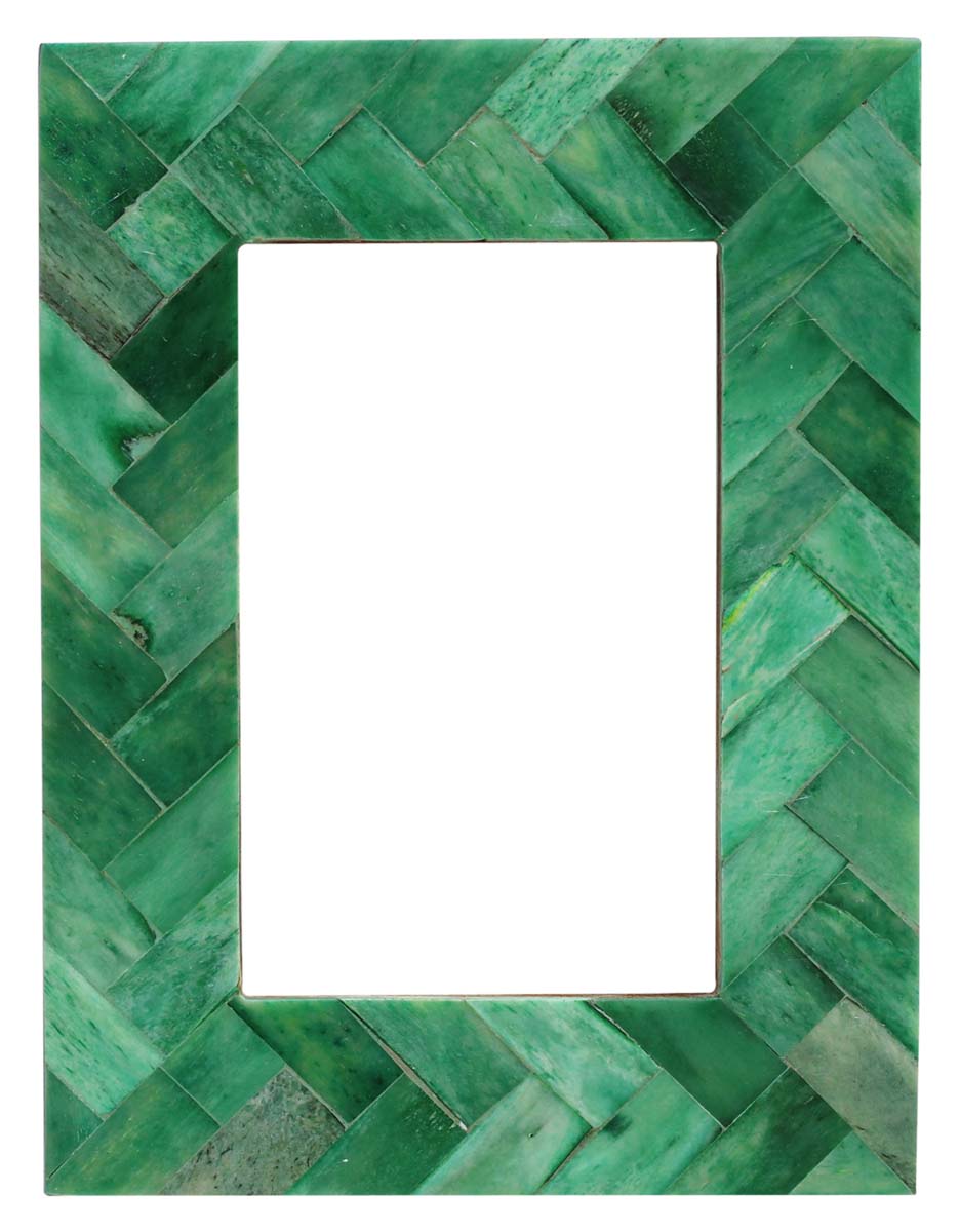 4 x 6” Handmade Picture Frame In Bulk - Tonal Green Colored Photo Frame - Bone & MDF - Geometric Herringbone Pattern - Wholesale Home Decor Accessories & Gift Ideas