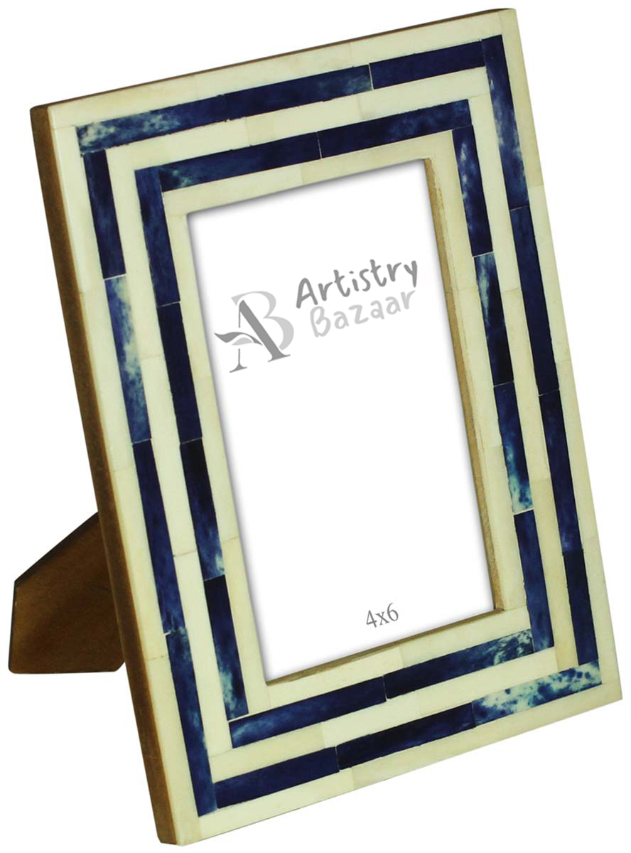 Wholesale Pale White and Blue4x6 Inches Picture Frame in Bulk - Source Handmade Photo Frame in MDF and Bone Inlay with Stripes’ Pattern - Home Decor Picture Frames from India
