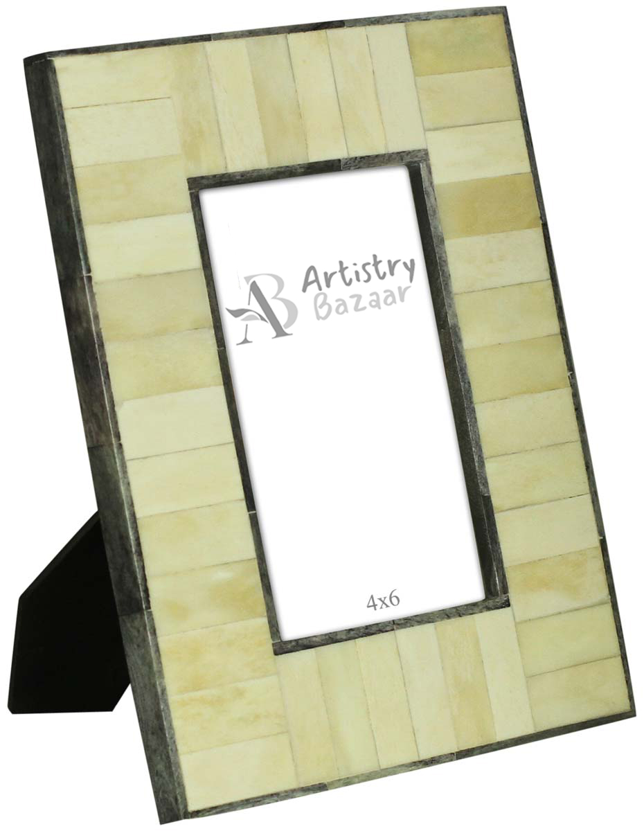 Source Handmade Off-White 4x6 Inches Picture Frame in Bulk - Source Handcrafted Distressed-Finish Photo Frame in Compressed-Wood & Bone Inlay - Home Decor Picture Frames from India