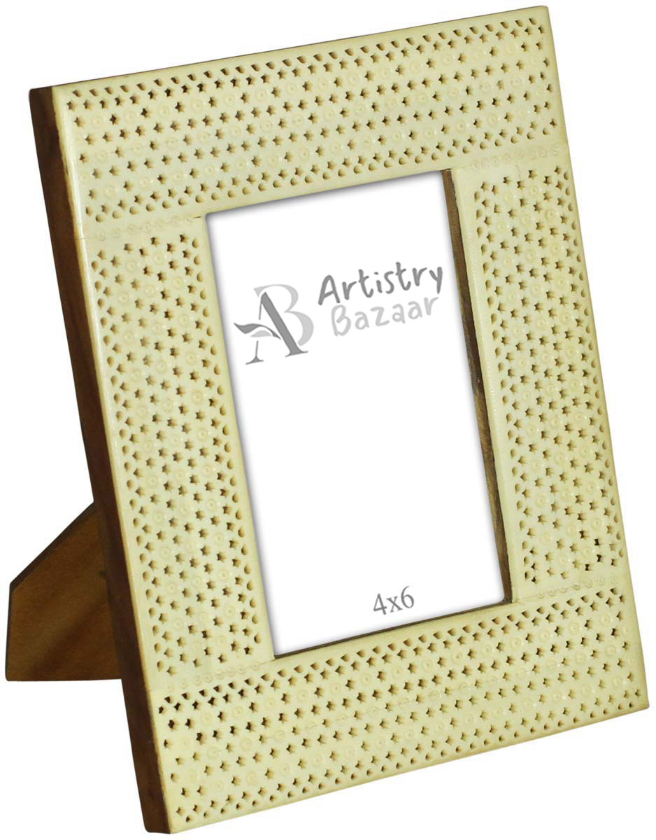 3.5x5 Inches Picture Frame in Bulk - Wholesale Handmade Photo Frame in MDF and Bone Inlay Pattern with Piercing in Star Pattern - Home Decor Picture Frames from India
